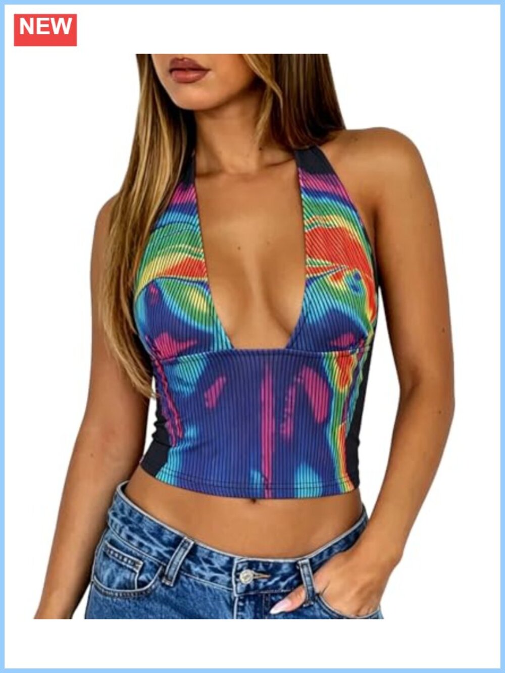 Y2K Rave Crop Cami Deep V Halter Backless Body Print Festival Top